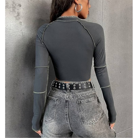 Charcoal Exposed Seams Zip Up Long Sleeved Cropped Top - Picture 2 of 6